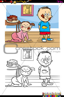 kids with cake cartoon coloring book