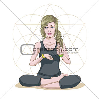 Woman practicing mindfulness meditation, she is sitting in the lotus position and she is surrounded by health and wellness concepts