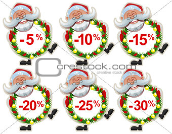 Set discount label Santa Claus Christmas wreath of fir branches