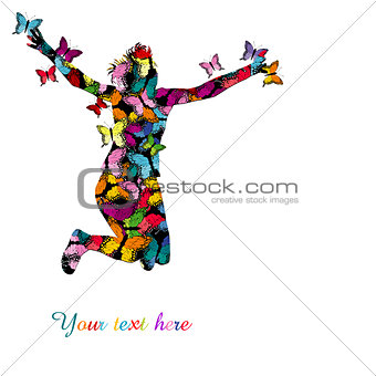 Collorful illustration with silhouette of woman jumping and colo