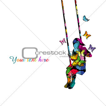 Colorful silhouette of a girl sitting on a swing with colored bu