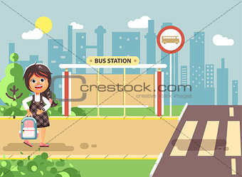 Vector illustration cartoon characters child, observance traffic rules, lonely brunette girl schoolchild, pupil go to road pedestrian crossing, on bus stop background, back to school flat style