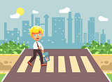 Vector illustration cartoon characters child, observance traffic rules, lonely blonde boy schoolchild, pupil go to road pedestrian crossing, on city background, back to school in flat style
