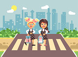 Vector illustration cartoon characters children, observance traffic rules, girls schoolgirls, classmates pupils go to road pedestrian zone crossing, on city background, back to school flat style