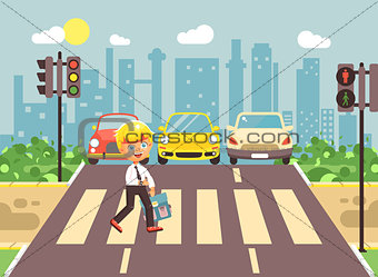 Vector illustration cartoon character child, observance traffic rules, lonely blonde boy schoolchild schoolboy go to road pedestrian zone crossing, city background back to school flat style