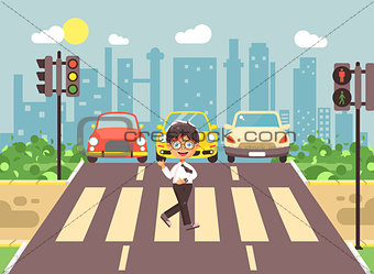 Vector illustration cartoon character child, observance traffic rules, lonely brunette boy schoolchild schoolboy go to road pedestrian zone crossing, city background back to school flat style