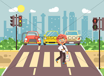 Vector illustration cartoon character child, observance traffic rules, lonely redhead boy schoolchild schoolboy go to road pedestrian zone crossing, city background back to school flat style