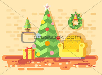 Vector illustration cartoon home interior comfortable chair, room with Christmas tree spruce, happy New Year, Merry Christmas wreath, decorated gifts, celebrate flat style element motion design