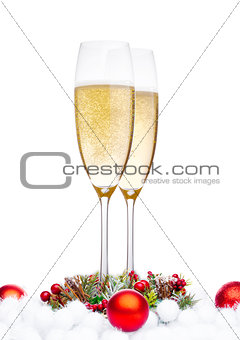 Champagne glasses with christmas decoration