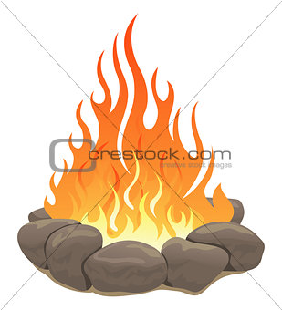 Large bonfire surrounded by stones