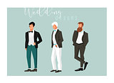 Hand drawn vector abstract cartoon wedding groom illustrations celebration elements collection set isolated on blue background.