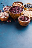 Assortment of beans on a blue background.