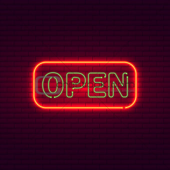 Open neon sign on brick wall. Vintage signboard