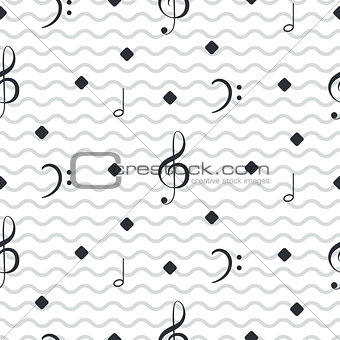 Music notes seamless vector wavy stripe pattern.