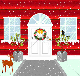 Christmas house outdoor decorations. Snowy weather vector illustration.