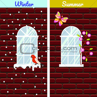 Windows on red brick wall building winter and summer comparison.