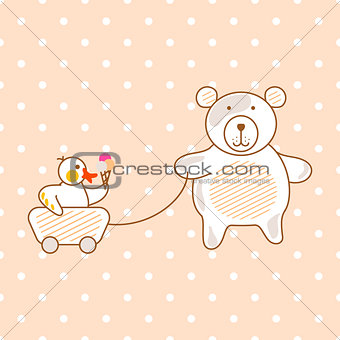 Cute bear and duck friends pink vector illustration for apparel polka print.