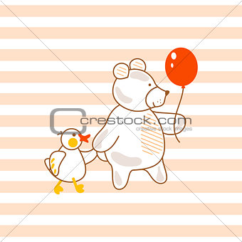 Cute bear and duck friends pink vector illustration for apparel striped print.