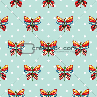 Butterfly blue polka dot baby seamless vector pattern.