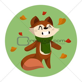 Vector Illustration of Cute Cartoon Fox and Autumn Leaves