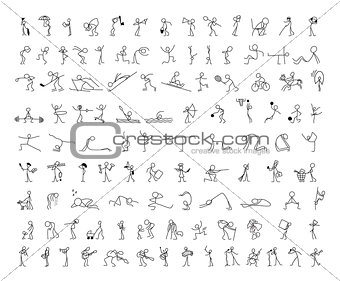 Cartoon icons set of sketch little people stick figure