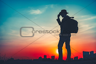 Travel Concept. Silhouette of a man with backpack