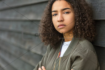 Sad Mixed Race African American Teenager Woman Green Bomber Jack