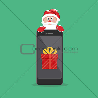 Santa Claus giving gift on phone.