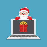 Laptop with gift. Santa Claus giving gift on laptop. Vector Illustration.