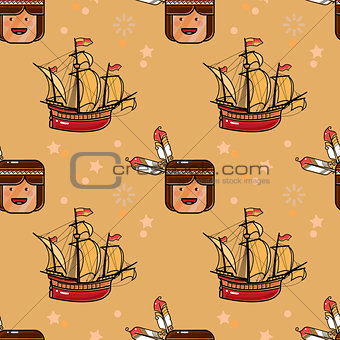 Injun and sailing ship seamless pattern.