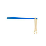 Wooden chopsticks in blue design holding noodles