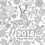 New year congratulation card with numbers 2018, deer and festive objects. Zentangle inspired style. Zen colorful graphic. Image for calendar, coloring book.
