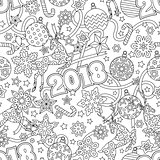 New year 2018 hand drawn outline festive seamless pattern with snowflakes, christmas balls, deers and stars isolated on white background. coloring antistress book for adult.