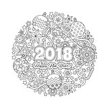 New year mandala with numbers 2018 on winter snowflake background. Zentangle inspired style. Zen monochrome graphic. Image for calendar, congratulation card, coloring book.
