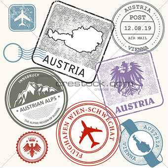 Travel stamps set - Austria, Vienna and Alps journey
