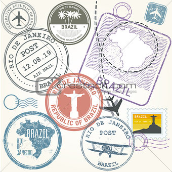 Travel stamps set - Brazil and Rio de Janeiro journey