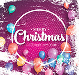 Merry christmas poster on red background with flying balloons.
