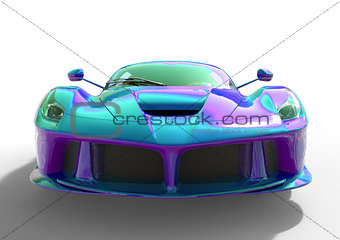 Sports car front view. The image of a sports violet-blue pearl car on a white background. 3d illustration.