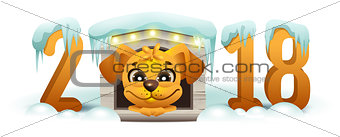 2018 year of yellow dog in Chinese calendar. Cartoon dog in booth looks forward