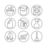 Cleaning, wash line icons. Washing machine, sponge, mop, iron, vacuum cleaner, shovel and other clining icon. Order in the house thin linear signs for cleaning service.