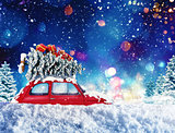 Vintage car with Christmas tree and presents with night light. 3d rendering