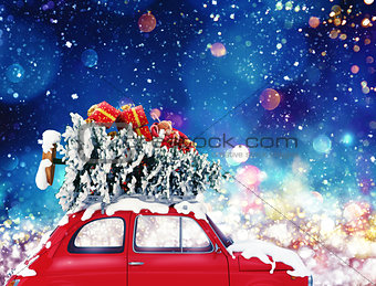 Vintage car with Christmas tree and presents with night light. 3d rendering