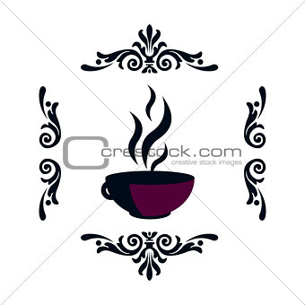 Silhouette of a hot cup with a steam in a frame of patterns