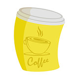 Yellow curve coffee cup on a takeaway with an inscription of coffee, a picture on a white background