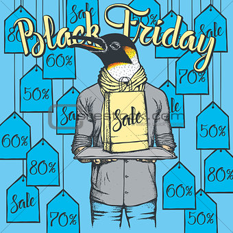 Vector illustration of penguin on Black Friday