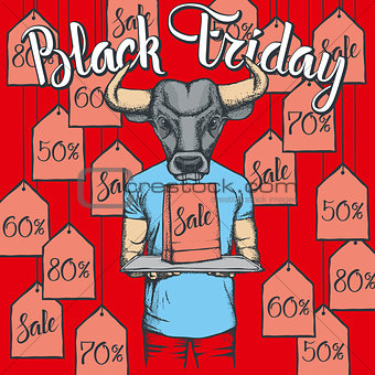 Vector illustration of bull on Black Friday
