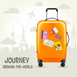 Modern suitcase with travel tags - sightsseeing around the world