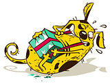 Fun yellow dog opens tear gift box