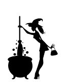 Halloween black silhouette of young sexy  witch with cauldron an