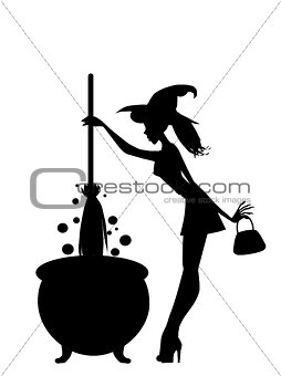 Halloween black silhouette of young sexy  witch with cauldron an